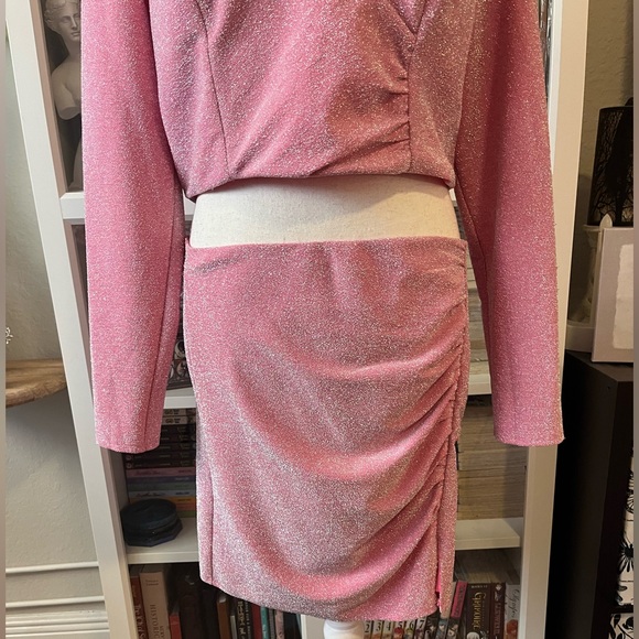 Crystal Doll Sparkly Pink 2-Piece Dress Set Mini Skirt & Long Sleeve Crop Top XL - Picture 14 of 16